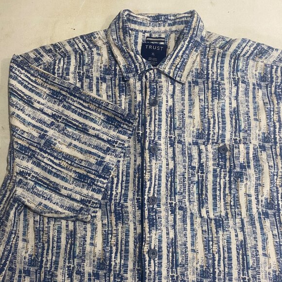 Trust Linen Blend Button-Up Shirt Mens XL Blue Striped Short Sleeve Lightweight - Picture 1 of 10